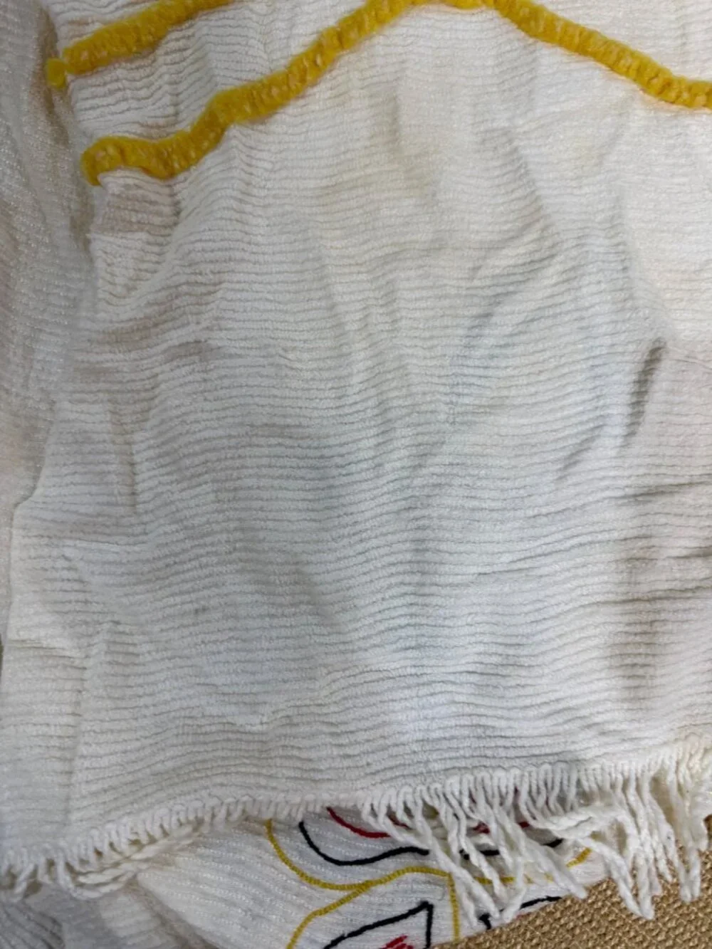 Vintage Chenille Bedspread Yellow Birds Floral Fringed Edges 89